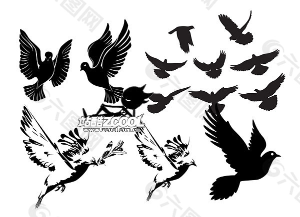 6黑色和白色的鸽子，或剪影矢量素材