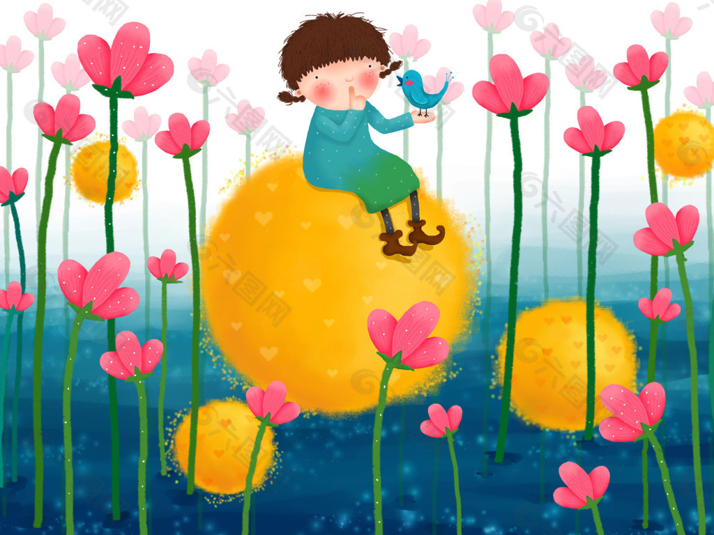 花丛中的小女孩卡通背景