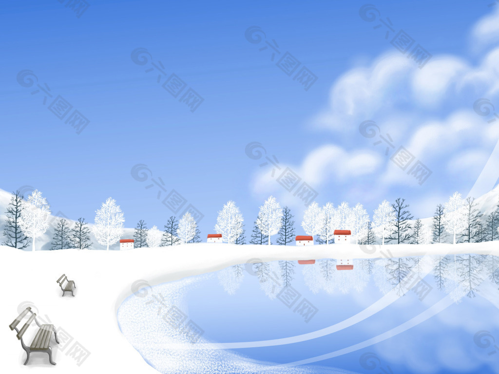 雪中的小湖卡通背景