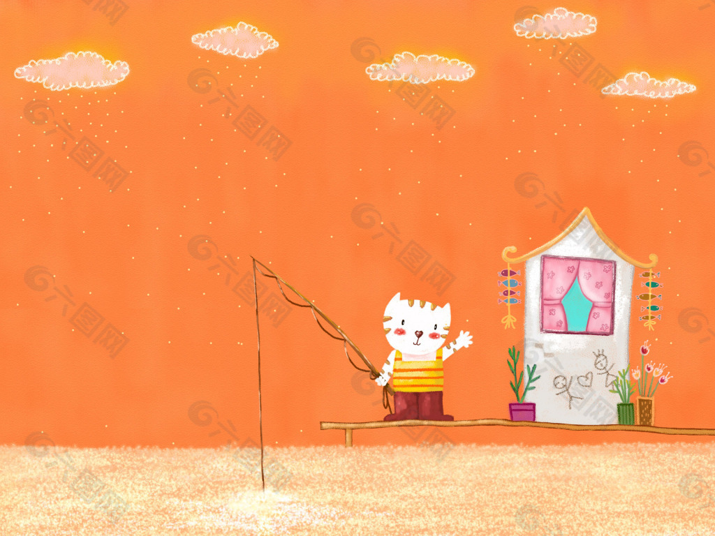 橙色花猫钓鱼卡通背景