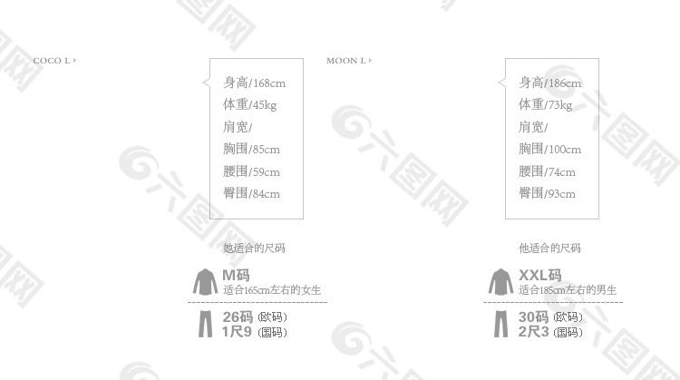 衣服尺码选择参考模板