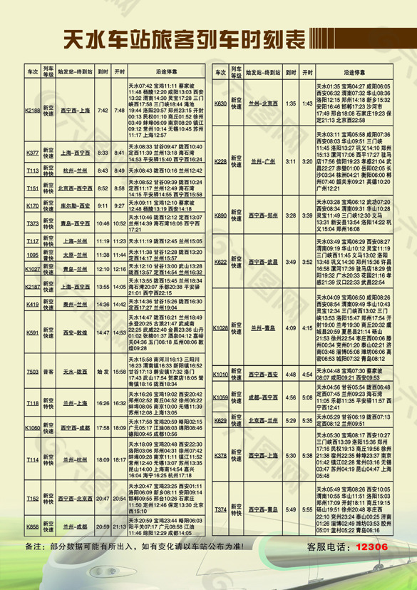 天水车站旅客列车时刻表