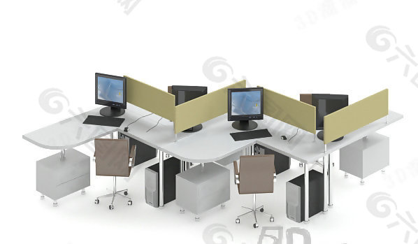 3D多人式办公桌椅组合模型