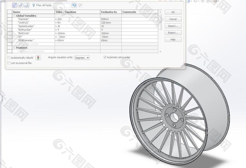 如何建立一个驱动在SolidWorks 2013和显示的设计意图车辋可变尺寸