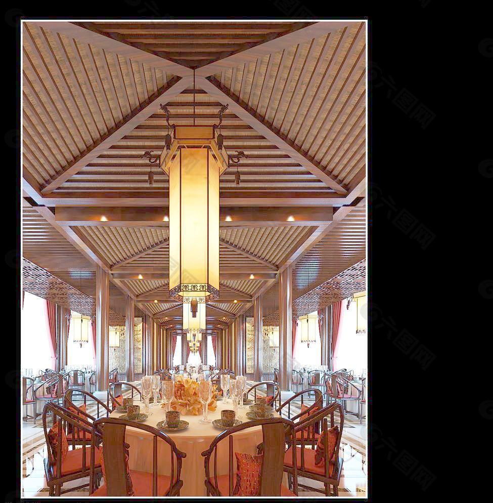 餐厅六角羊皮木艺中式吊灯