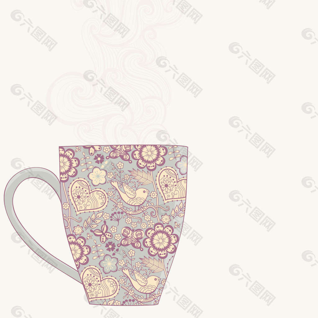 咖啡杯和花卉图案的背景热饮料在美丽的杯子 茶杯