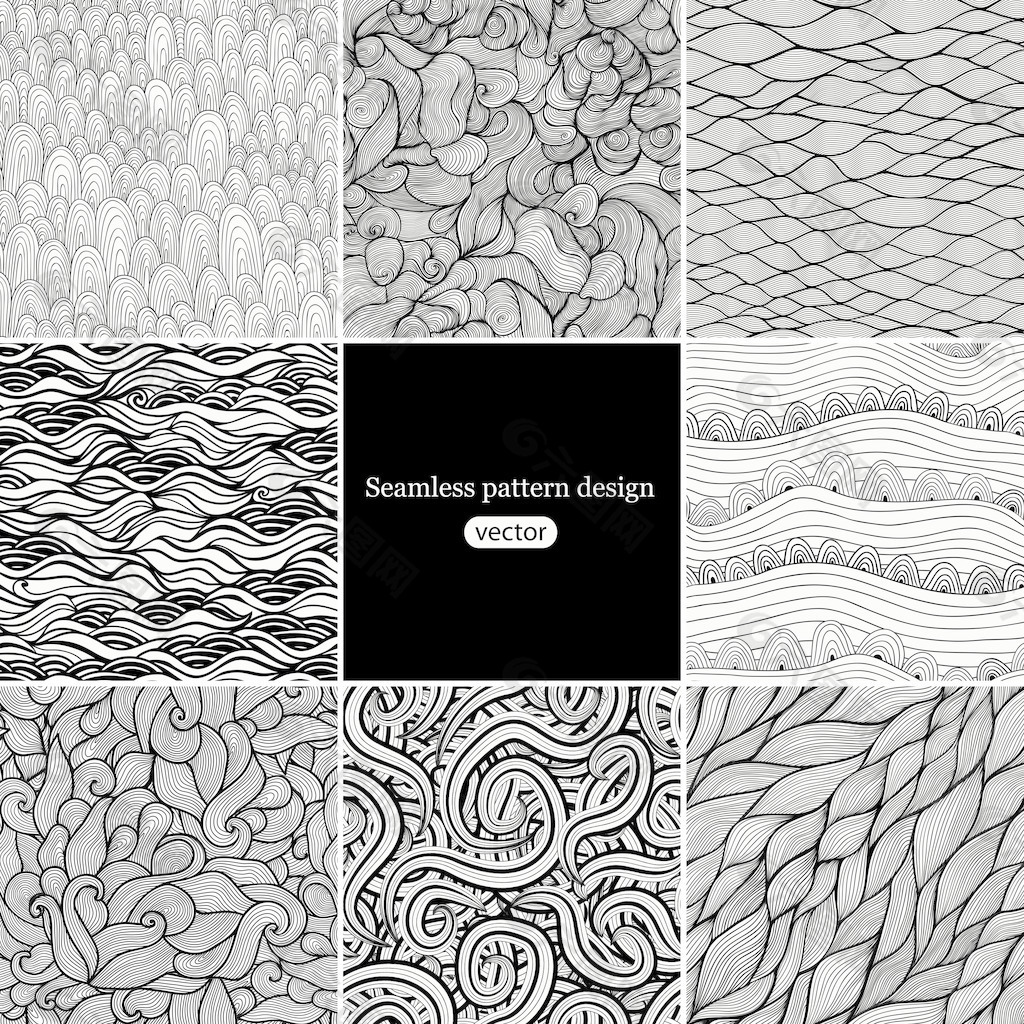 八集的黑色和白色的波模式（无缝平铺）无缝模式可用于墙纸