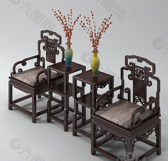 3D中式古典桌椅组合模型