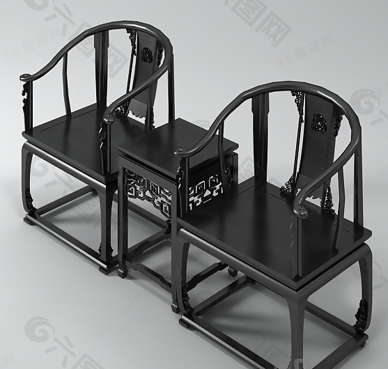 3D中式黑木桌椅组合模型
