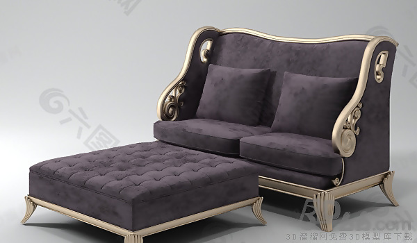 3D欧式紫色沙发茶几组合模型