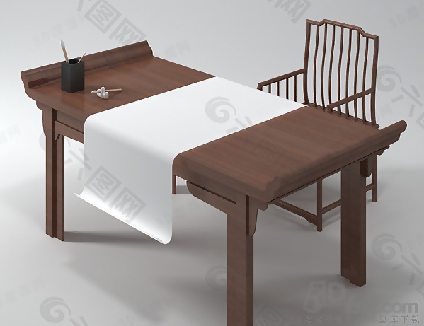 3D中式棕木书桌模型