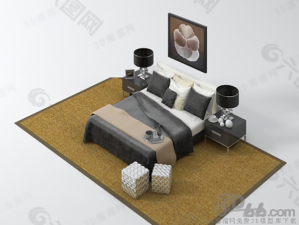 3D黑白现代双人床模型