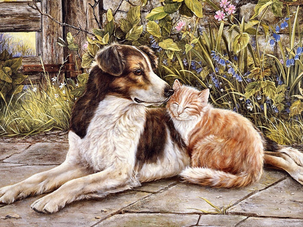油画猫和狗