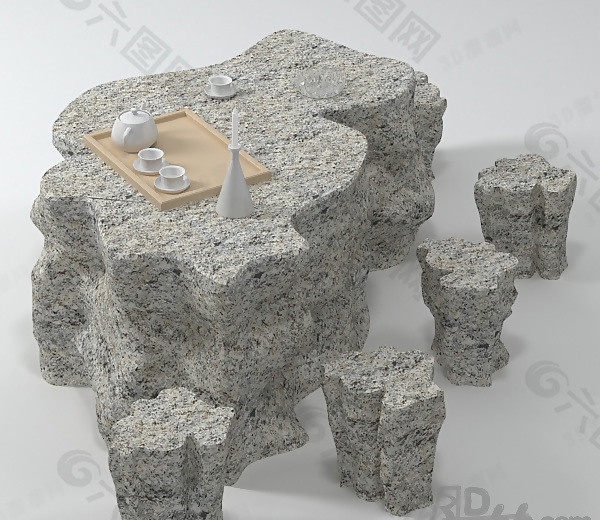 3D花岗岩石桌凳模型