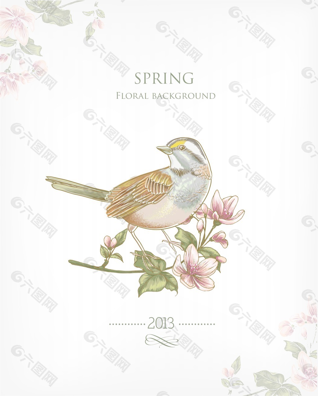 随着春天的花和鸟花卉背景矢量插画