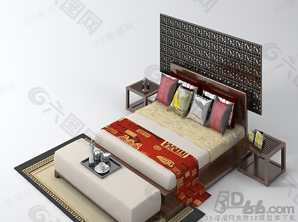 3D简约新中式双人床模型