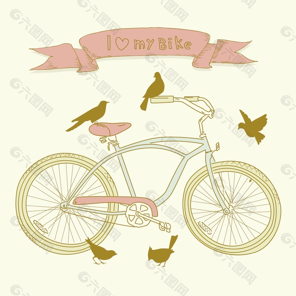 我的心我的自行车！手工绘制的自行车和鸟