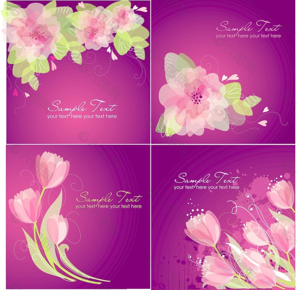 4集浪漫的花朵背景的粉红色和白色的颜色适合婚礼的邀请