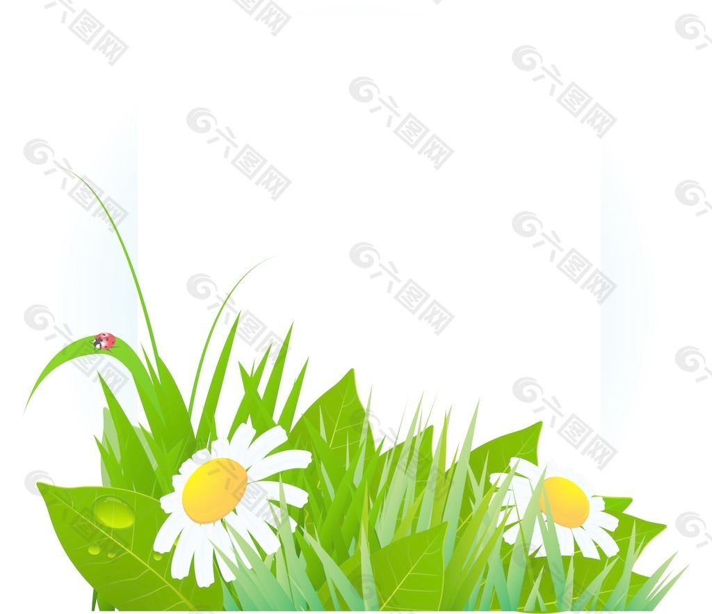 春天矢量模板郁郁葱葱的绿色的草和雏菊