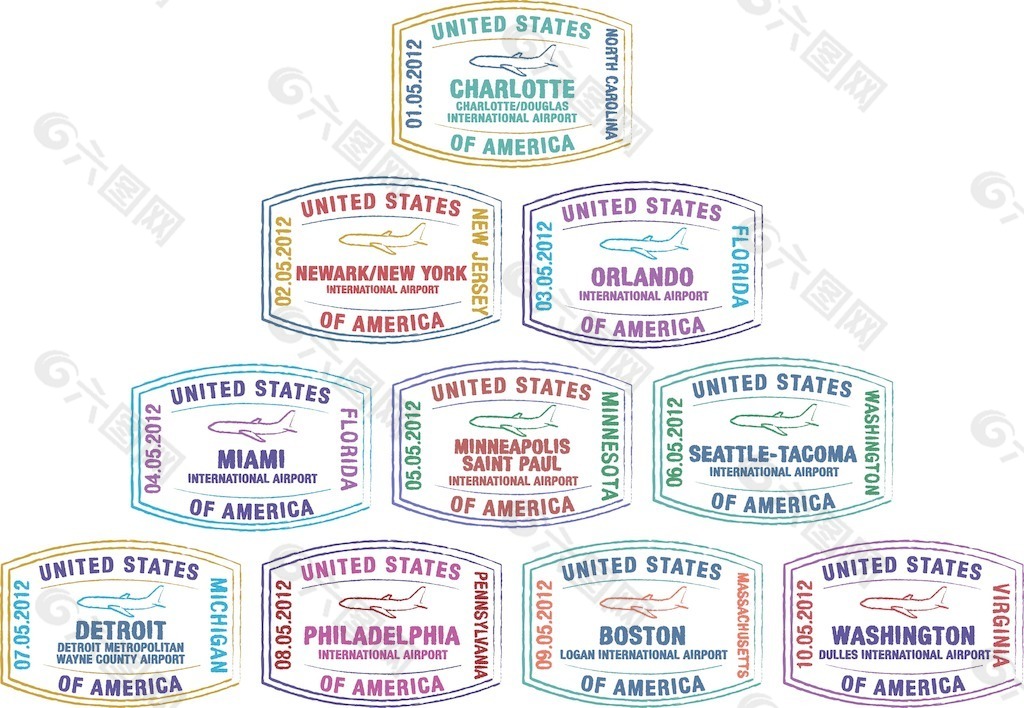 矢量格式的美国主要机场护照