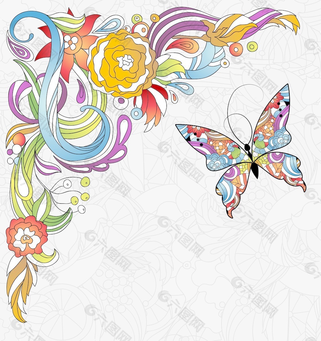 五颜六色的花卉与蝴蝶矢量背景
