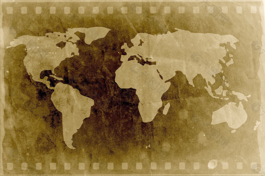 在电影带背景葡萄酒世界地图