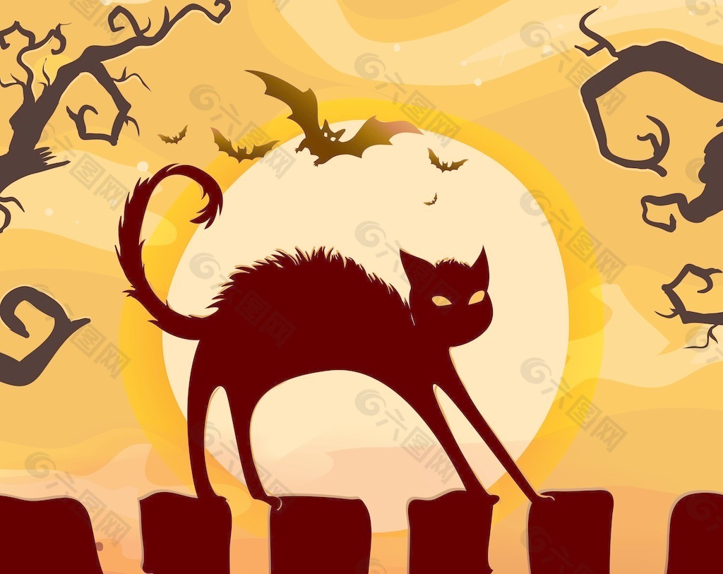 万圣节的背景与猫矢量插画