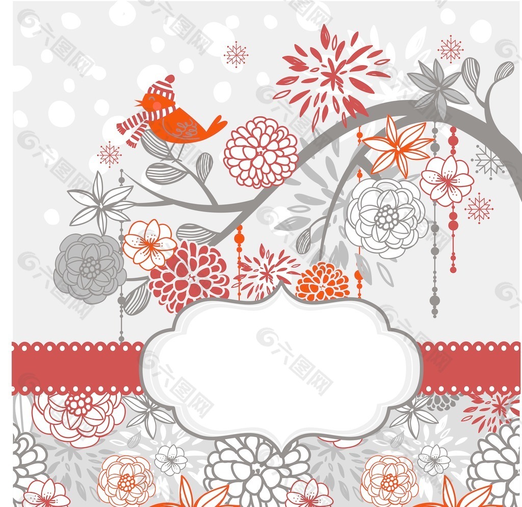 圣诞卡片模板与鸟和降雪红色和灰色的颜色冬季分支
