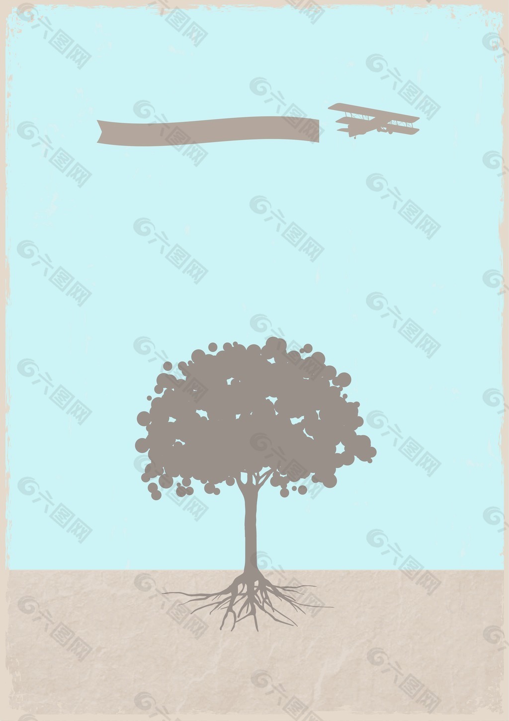 树和垃圾纸架老飞机剪影