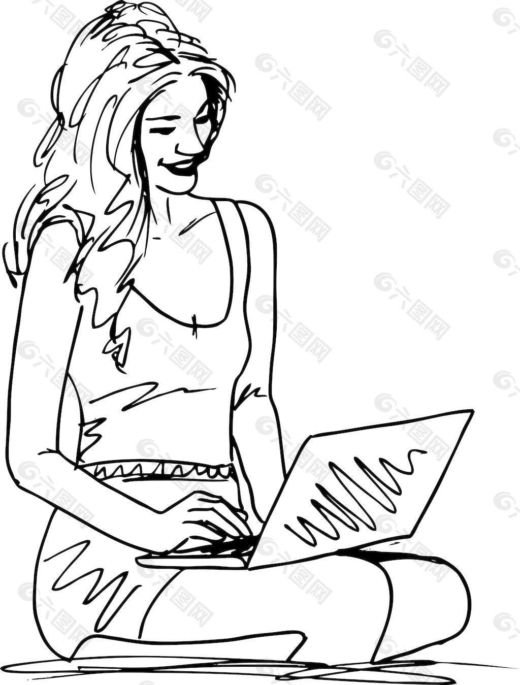 用笔记本电脑插画矢量的年轻女子的素描
