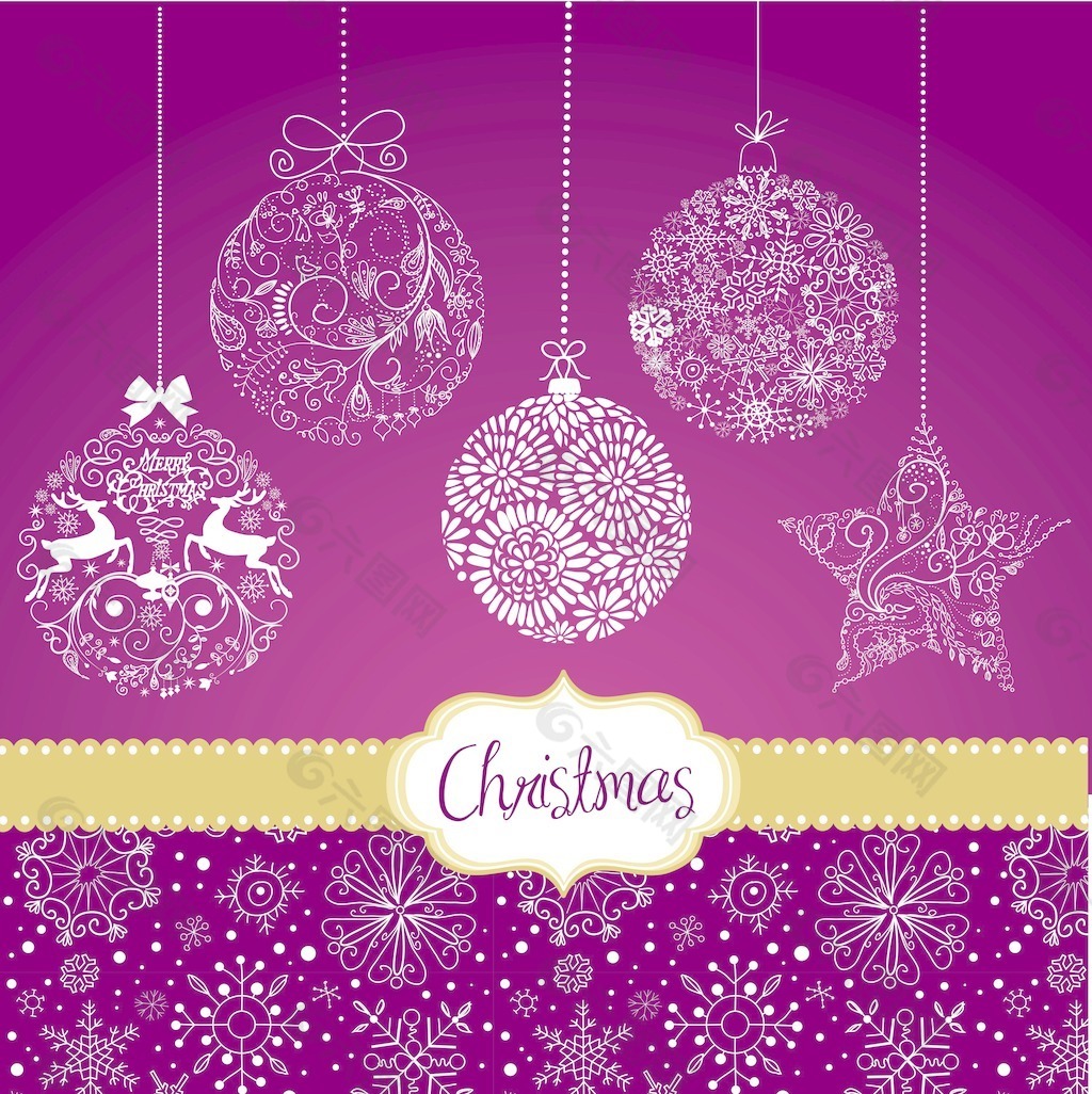 紫色和白色的圣诞饰品卡片模板