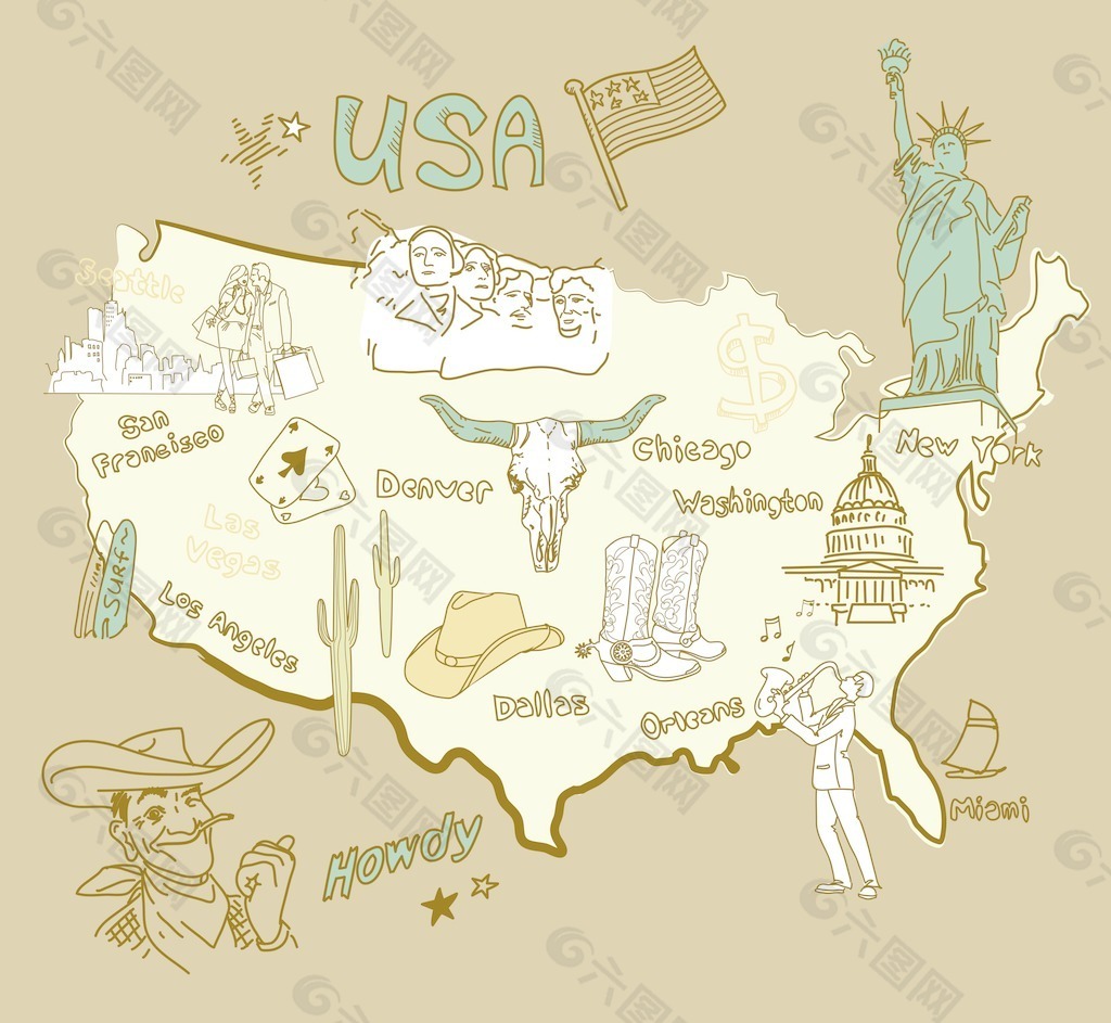 美国的事情 在美国不同地区是著名的程式化的地图