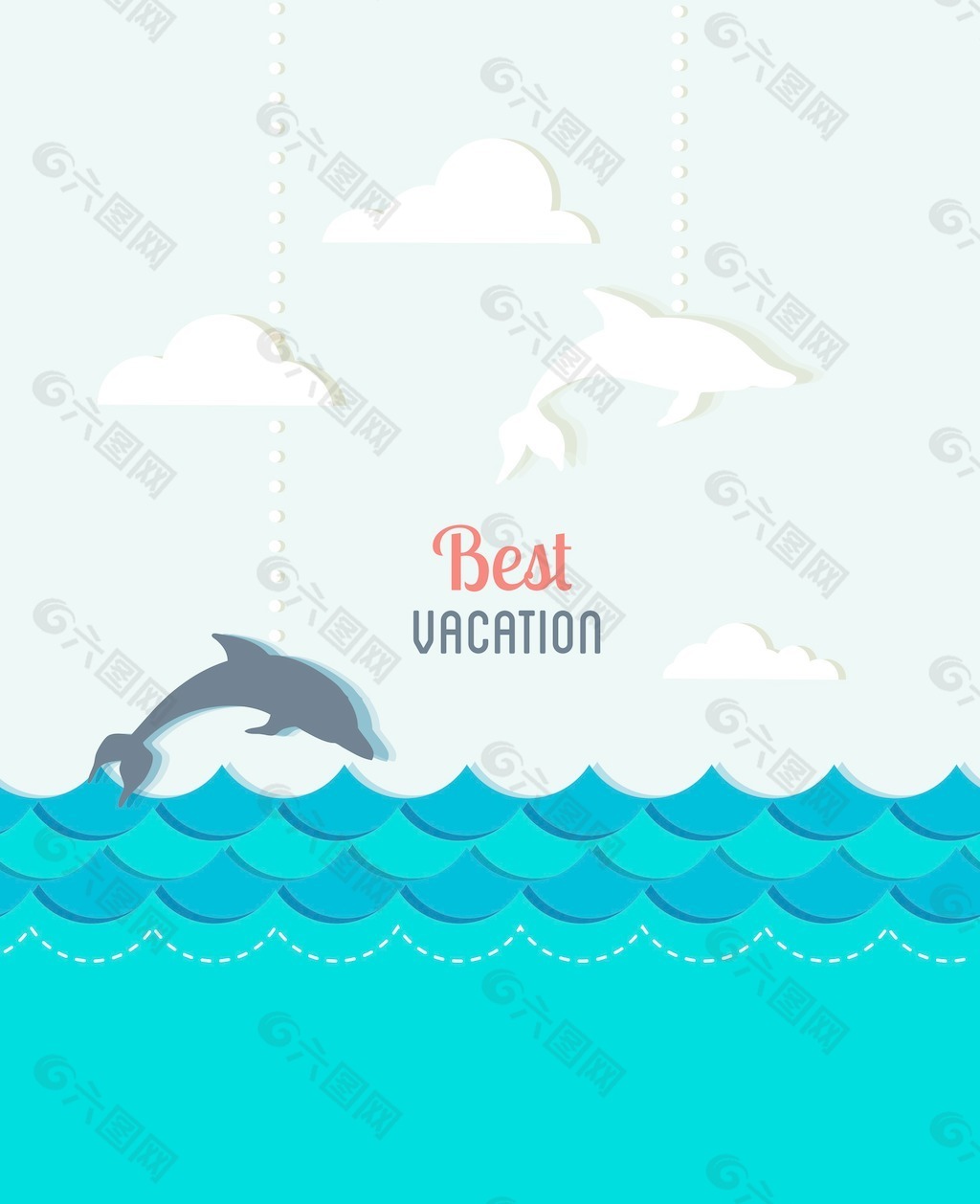 夏天的太阳矢量插图的鱼云海豚