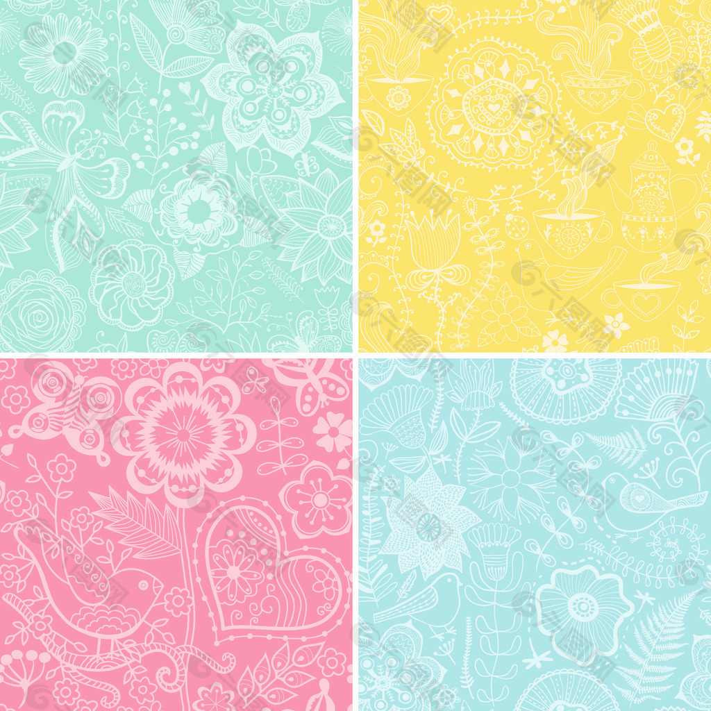 四集花卉图案（无缝平铺）无缝模式可用于墙纸