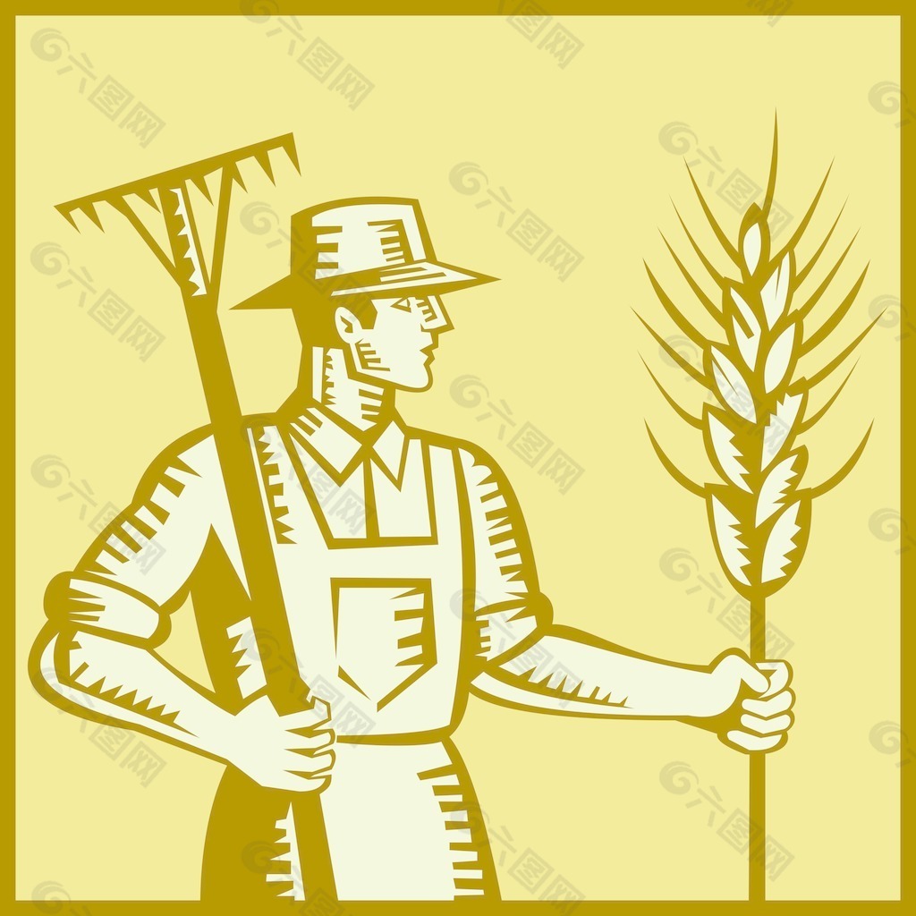 用耙和小麦的农民版画
