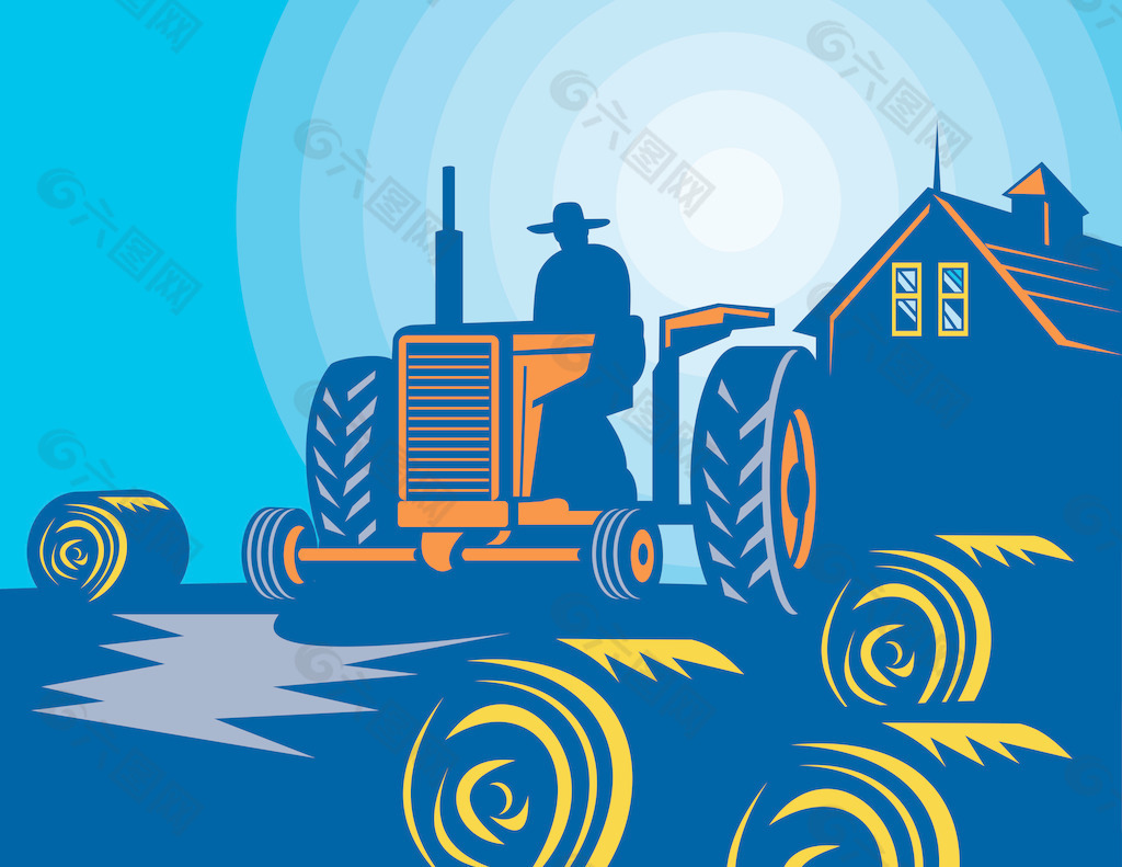 农民驾驶拖拉机干草捆农家谷仓