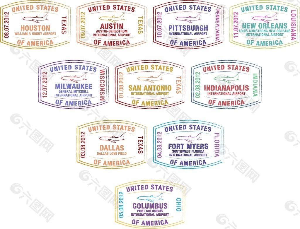 矢量格式的美国主要机场护照