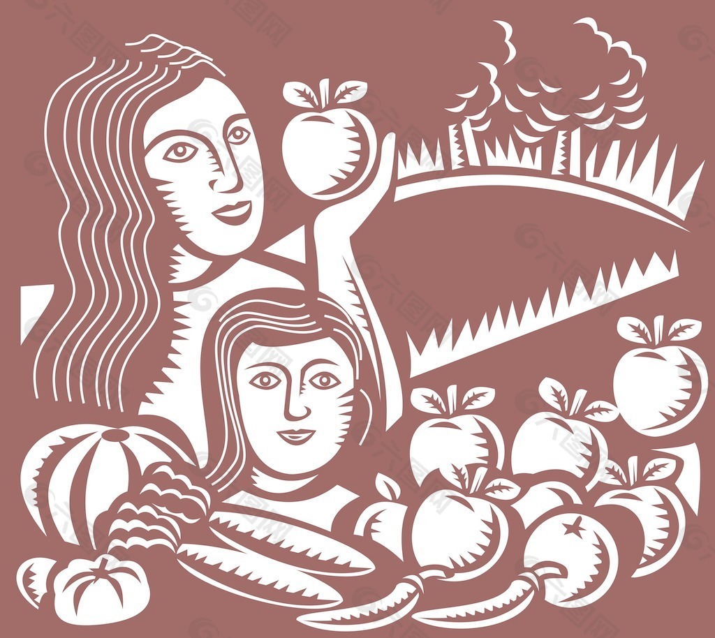 女人和孩子拿苹果的水果蔬菜
