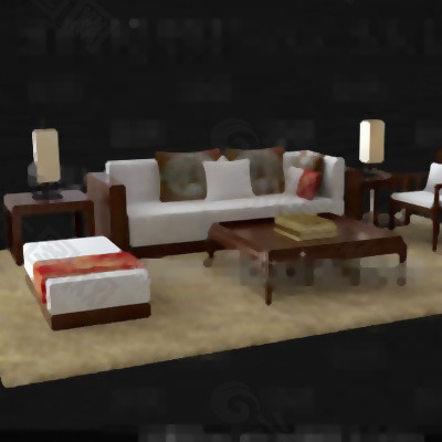 棕色木制白色布艺沙发组合