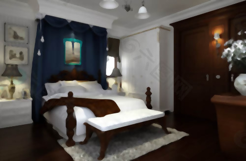 卧室的，庄严的，复古的大陆，室内空间，三维模型