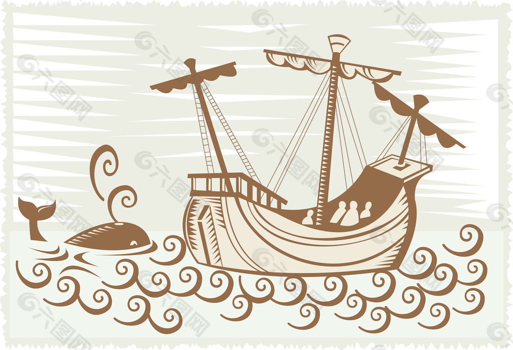 盖伦帆船在海上与鲸鱼