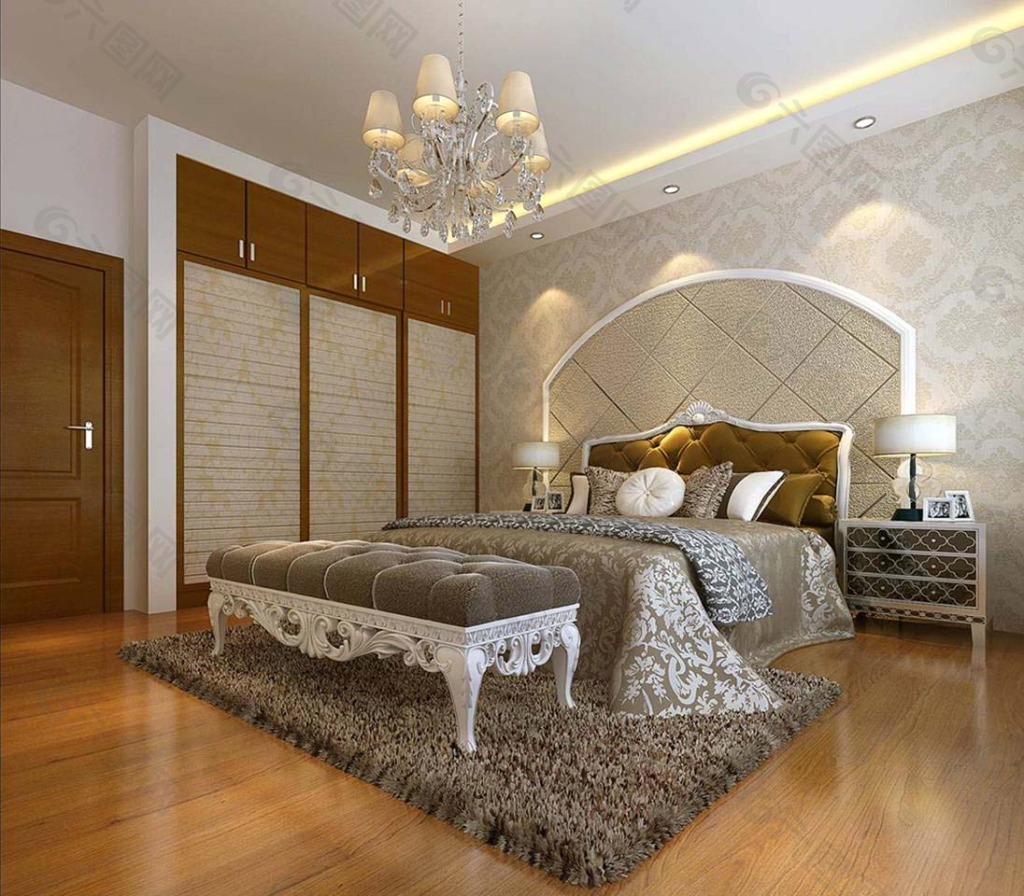 新中式风格卧室棕色木地板装修图片 经典居家空间装修-地板网