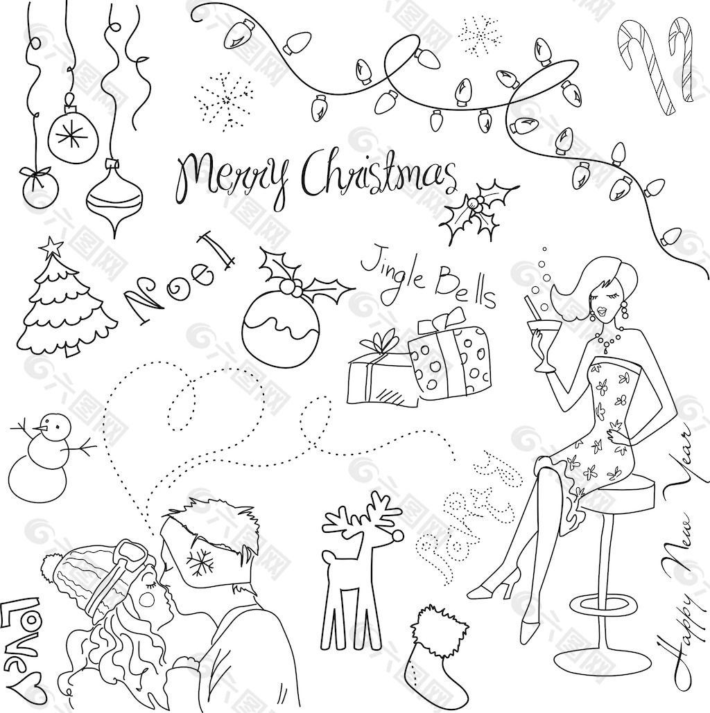 可爱的圣诞和新年的手绘涂鸦