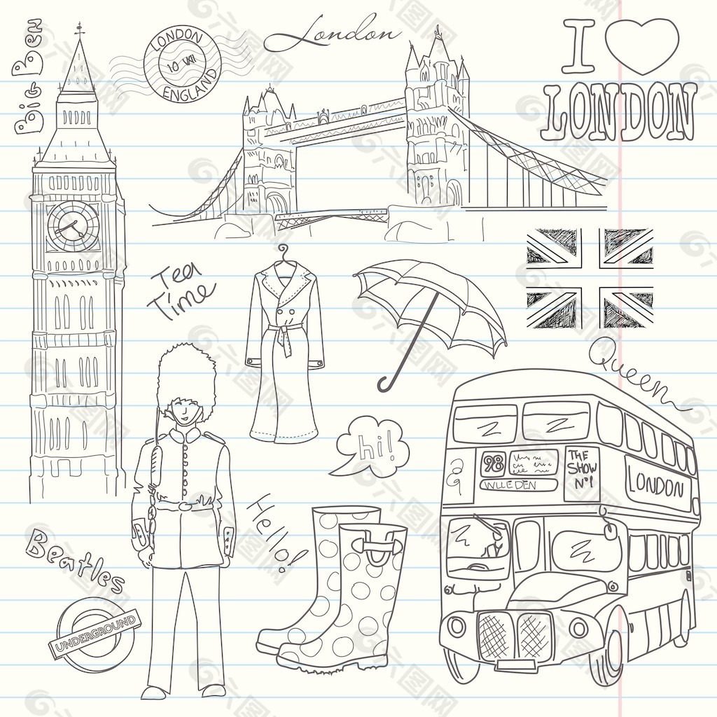 手绘素描英国设定伦敦插画图片素材_ID:431958401-Veer图库
