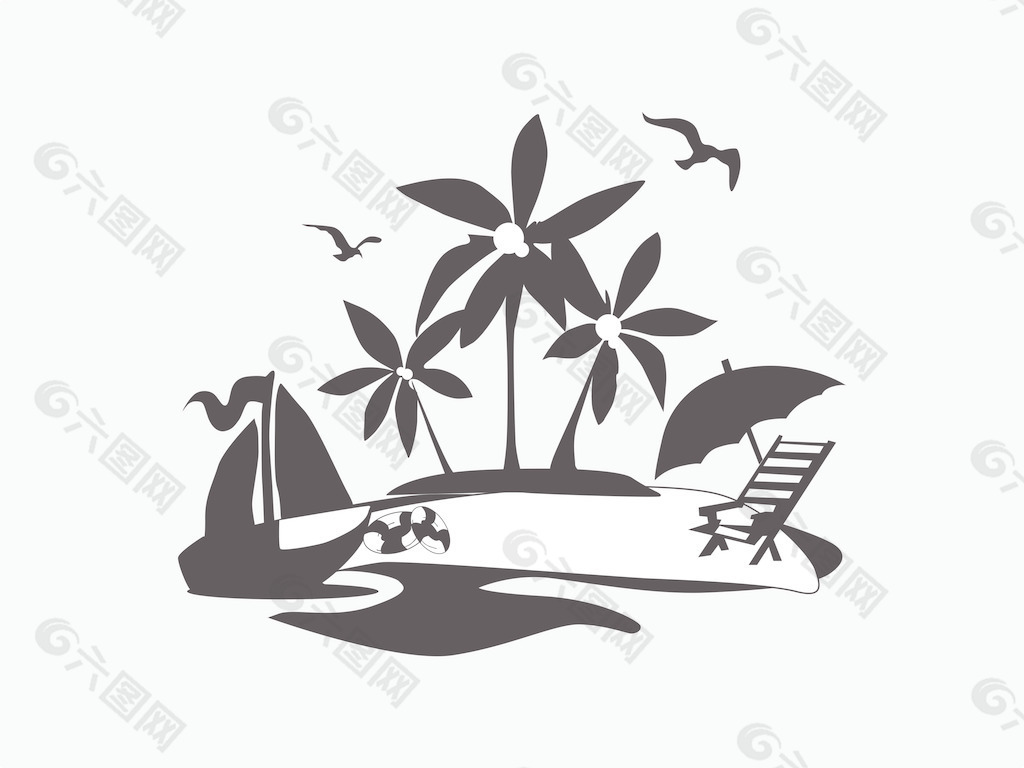 剪影的棕榈树在沙滩上的小船