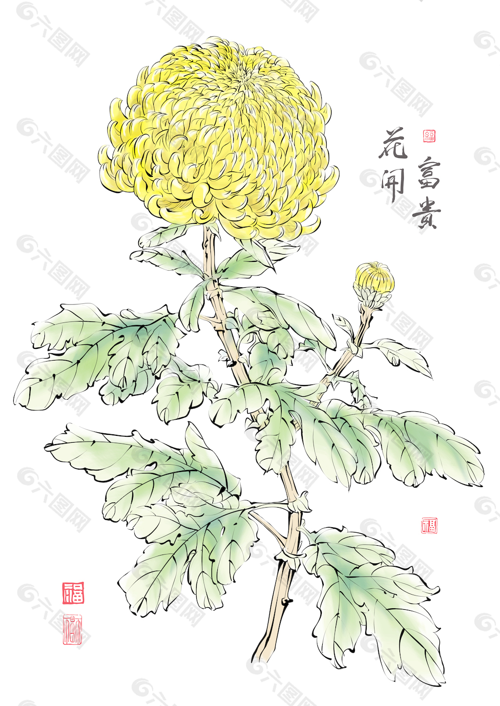 中国菊花平移矢量水墨画：繁荣的花