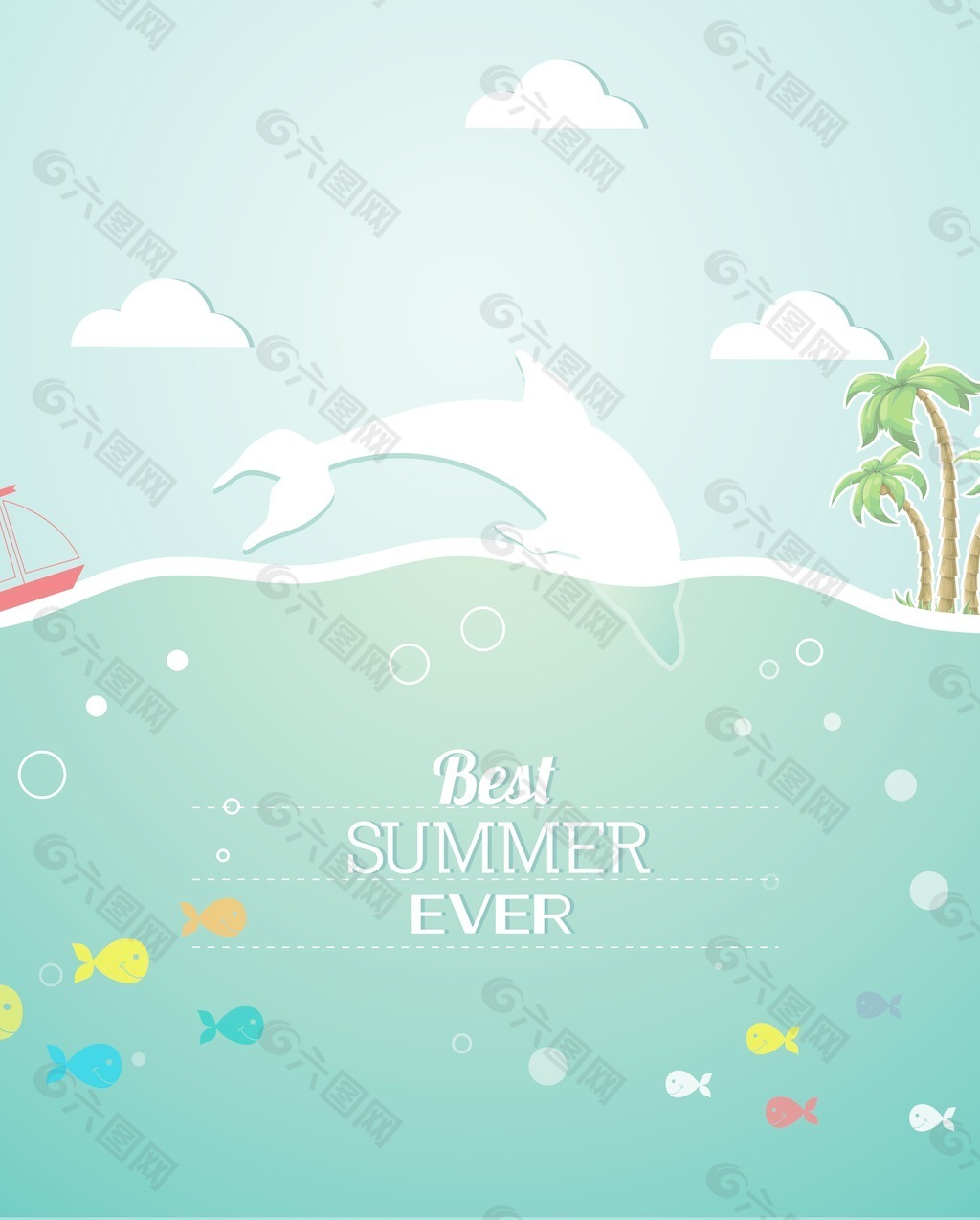 夏天的太阳矢量插图的鱼云的棕榈树岛的天空