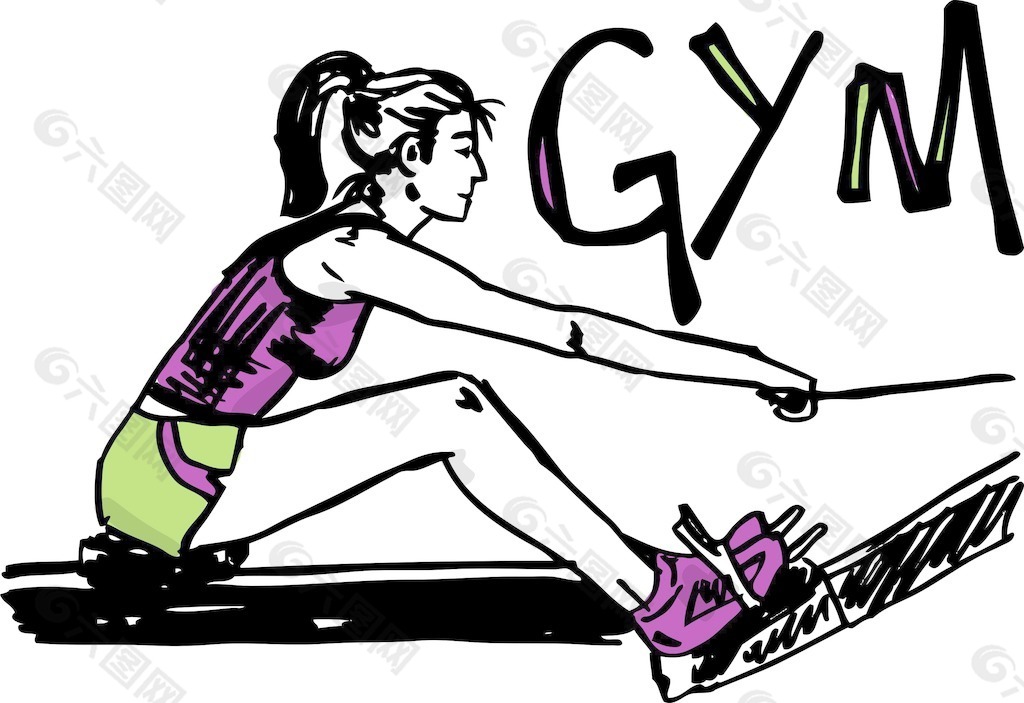 女人在健身房健身俱乐部锻炼素描插画矢量机