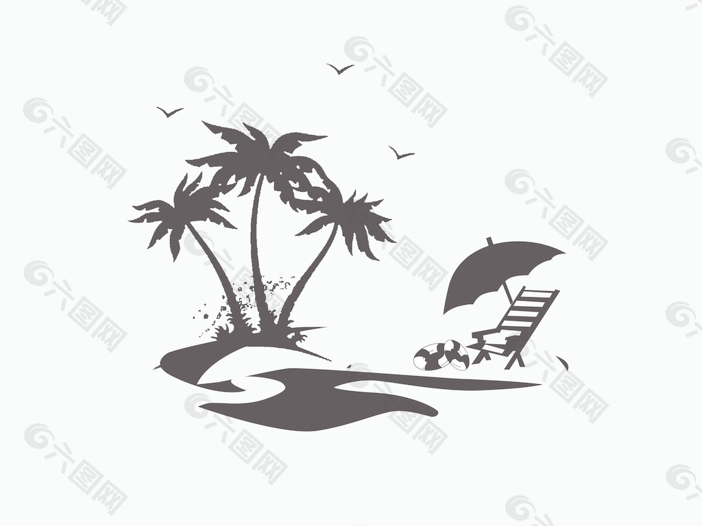 剪影的棕榈树在沙滩上的躺椅