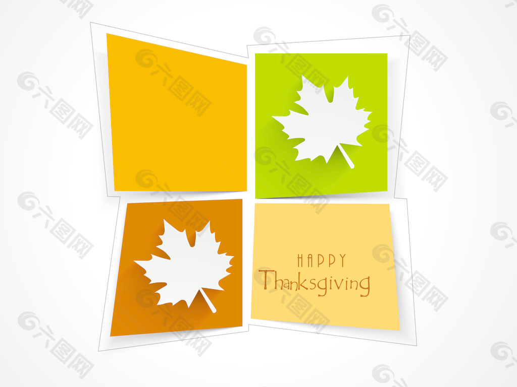 随着秋天的叶子蓝色背景上的各种颜色的感恩节快乐贴纸